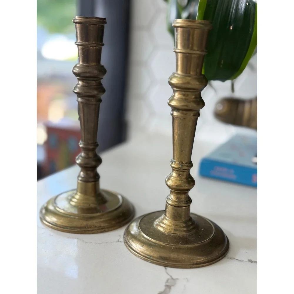 Vintage Pair Solid Brass Taper Candle Holders Spindle Style Made in Hong Kong